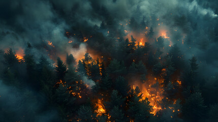Aerial view of a pine forest fire with flame and smoke