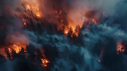 Fototapeta premium Aerial view of a pine forest fire with flame and smoke