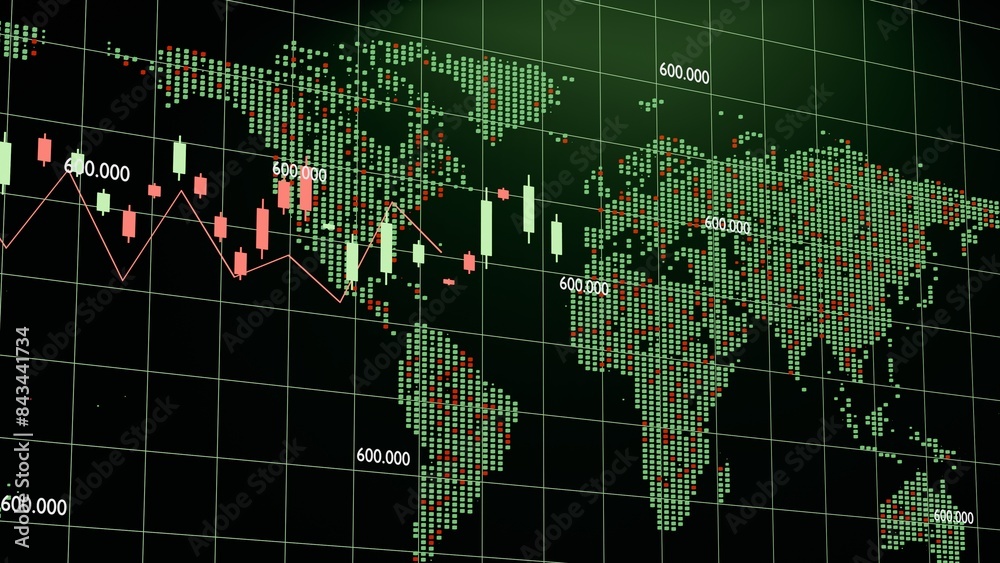 Fototapete global financial data visualization: digital world map with trading chart