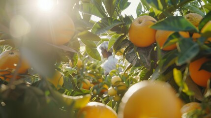 The image showcases a sunny orange grove with abundant ripe oranges and a person harvesting, highlighting citrus fruits, agriculture, and farming activities.
