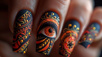 Closeup of colorful eye-themed nail art with intricate patterns and gold accents