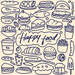 Set of hand drawn food isolated on white background, doodle set of fast food. Vector illustration.