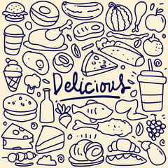 Hand drawn set of fast food doodles