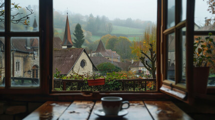 coffee in France in a rainy day, the open wood window looking to the old church and the village