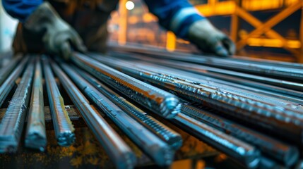 Image of a worker with gloves handling steel rebar in an industrial setting, indicating manufacturing, construction, metalwork, and industrial safety practices.