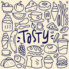 Various food doodle, Seamless background, Vector fast food pattern.