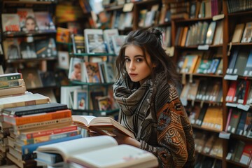Young Woman Reading in Cozy Bookstore. Captivating Scene of a Woman Engrossed in a Book Among Shelves.
