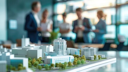 Obraz premium real estate developers, architects and businessmen team working on new business buildings project in office. complex scale model on the table