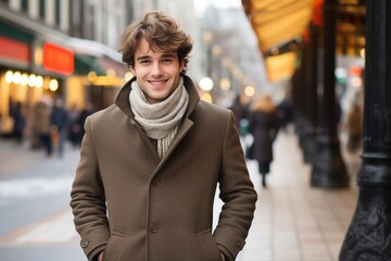 A man wearing a brown coat and scarf is smiling for the camera