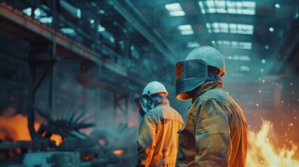 Obraz premium Two industrial workers wearing protective gear are managing a fiery, hazardous environment inside a factory, with machinery and equipment visible.
