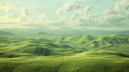 Fototapeta premium 3D landscape background featuring rolling hills and valleys, with a spacious area for text in the foreground.