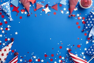 Obraz premium A blue background with stars and stripes, red party decorations 