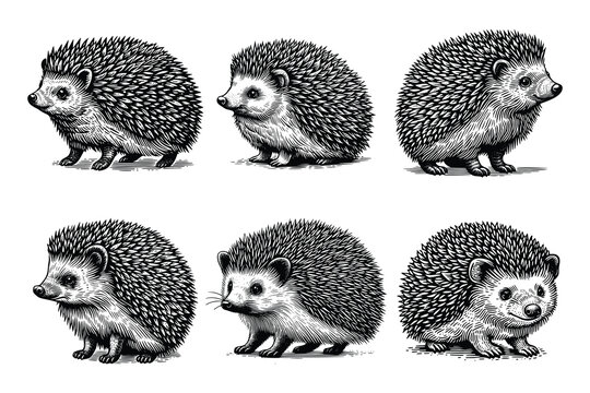 set of hedgehog illustration. hand drawn black and white hedgehog line art illustration, isolated white background