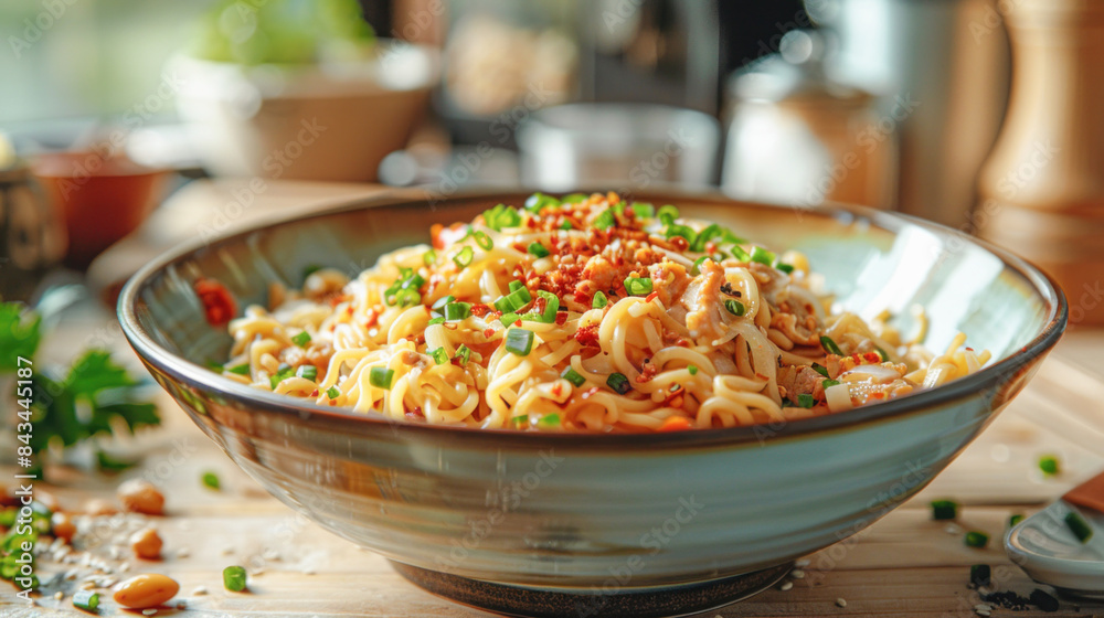 Poster A bowl of noodles topped with fresh green onions is positioned on a rustic wooden table