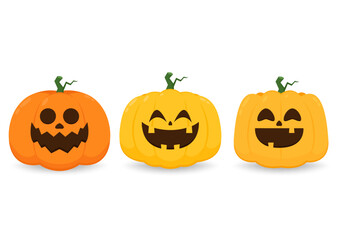 Pumpkin head set. Cute and scary Halloween pumpkin monster set. Holidays cartoon character in flat style collection.