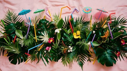 Flatlay with tropical plants and flowers on pink background with colorful drink straws and umbrellas