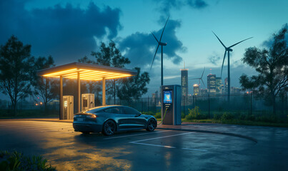 Fototapeta premium Gas station. Gas station with city building. Place for text. Copy space.