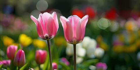 Two pink tulips bloom in a field of various colored flowers on a sunny day