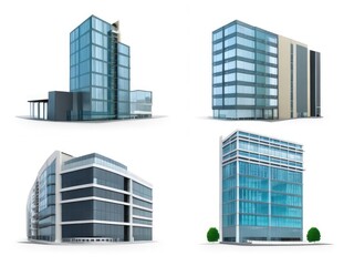 Different styles of modern buildings isolated on white background, high rise buildings.