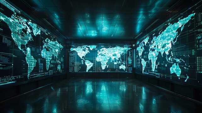 Glowing digital data streams form a world map in a dark operations center