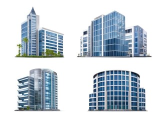 Different styles of modern buildings isolated on white background, high rise buildings.