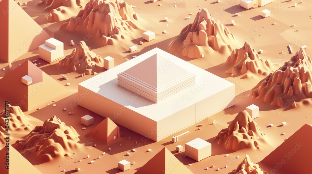 Poster bold isometric design with a mix of cubes and pyramids, offering ample space for text in the middle