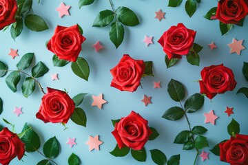 Creative flat lay pattern with red roses and green leaves on a pastel blue background.