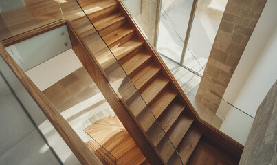 Obraz premium A luxurious home with a staircase in rich wood tones with a cozy interior atmosphere. Home modern interior with stylish staircase.