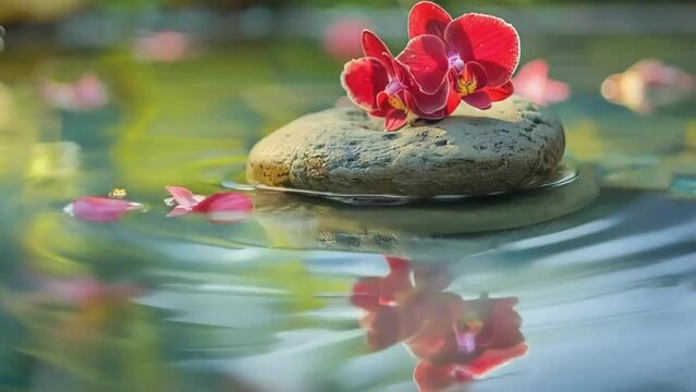 red Orchids and spa stones balance on calm water, claming spa videos, calming ambient videos, relaxing videos, seamless looping 4k videos, youtube, stock videos, asmr videos, calming nature videos	
