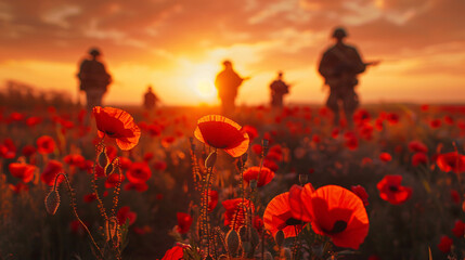 A field of red poppies blooms in the foreground as silhouettes of soldiers are seen in a distant battlefield against a muted sunset, commemorating Anzac and remembrance day. © NE97