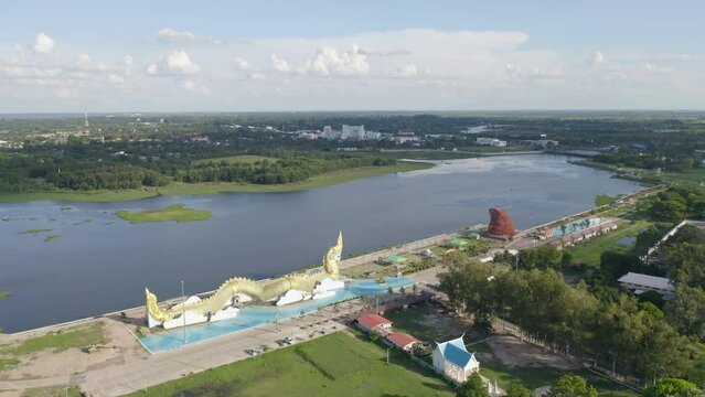 Aerial view of The Toad Frog Museum in square landmark monument in Yasothon. Top view, Isan urban city town, Thailand.