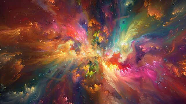 Dreamlike scene of ethereal cosmic colors intertwining, offering a captivating visual experience, with space for text above