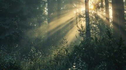 Obraz premium Spectacular sun rays shining through woods and tree in the dense forest. Green and lust forest on a beautiful summer day
