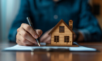 Home insurance. Buying a house, investing in real estate. The broker signs the purchase and sale agreement. agent, rental agreement, successful transaction. real estate concept. Copy space