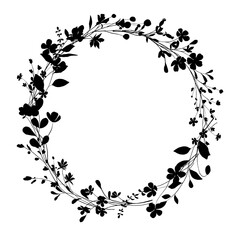 Wreath with black flowers and leaves, digital floral frame. Perfectly for logo, social media post.