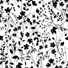 Seamless pattern with black flowers and leaves.Floral background, repeat texture hand drawing. Perfectly for wrapping paper, wallpaper, fabric, texture and other printing.