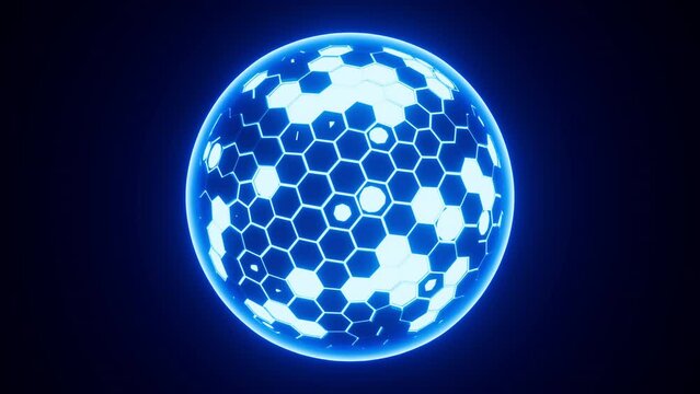Abstract hexagonal sphere, neon glowing sphere, 3d rendering.