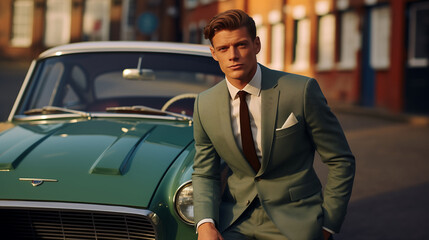 A 1960s male model in a mod suit and skinny tie, posing next to a vintage car