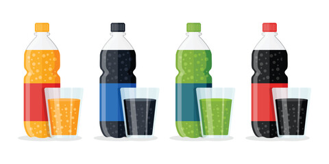 Soda drink icons set in flat style. Plastic bottle and glass vector illustration on isolated background. Water beverage sign business concept.