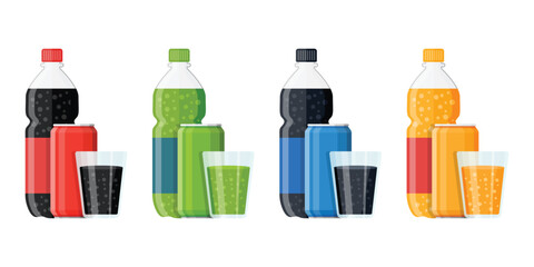 Soda drink icons set in flat style. Plastic bottle and glass vector illustration on isolated background. Water beverage sign business concept.