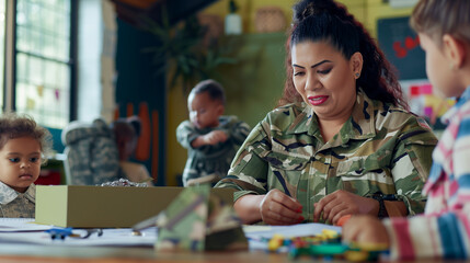 Fototapeta premium a detailed image of a mentor program where a woman veteran mentors another, while child care professionals take care of their children nearby, women veterans, Support, developing p