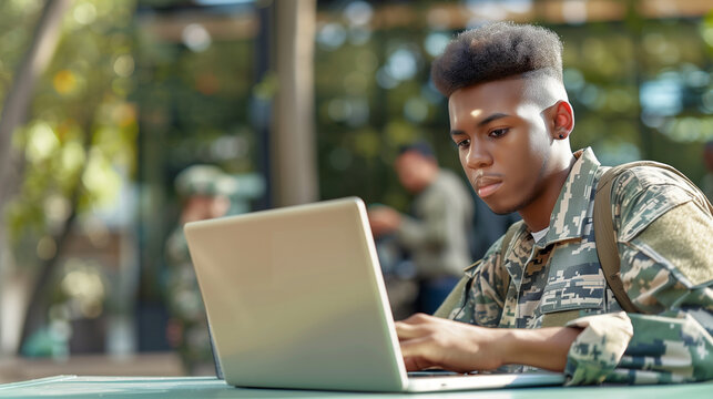 a detailed image of a young veteran working on a laptop during a professional development seminar, with instructors providing guidance and support, Young Veterans, Programs, career