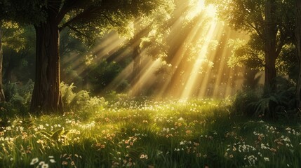 Obraz premium Spectacular sun rays shining through woods and tree in the dense forest. Green and lust forest on a beautiful summer day