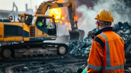 Construction worker in high-visibility clothing and helmet observing an excavator near a fire, amidst rubble at an industrial construction site.