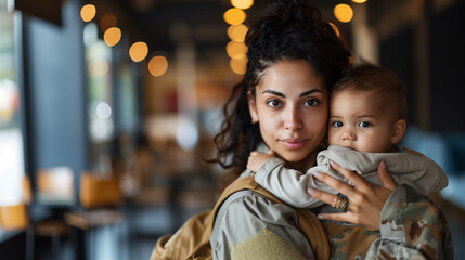 a close-up image of a woman veteran holding her child while participating in a job training...
