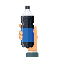 Hand holding soda drink icon in flat style. Plastic bottle vector illustration on isolated background. Water beverage sign business concept.