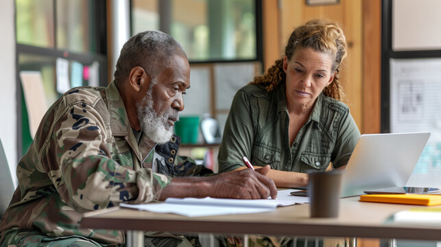 a  of a veteran and a translator working together on a job training program, ensuring clear communication and understanding, Culturally Responsive Supports, culturall