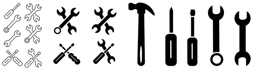 Tools set icon vector design. Hammer, screwdriver, wrench, instrument collection silhouette vector.