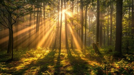 Fototapeta premium Spectacular sun rays shining through woods and tree in the dense forest. Green and lust forest on a beautiful summer day