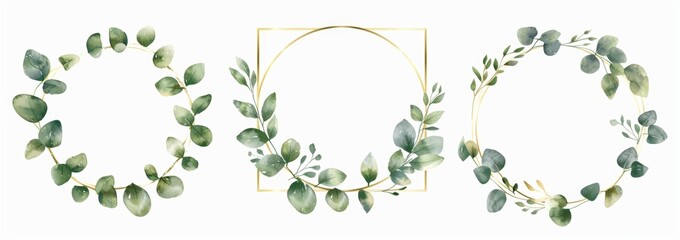A set of gold and green watercolor floral wreaths